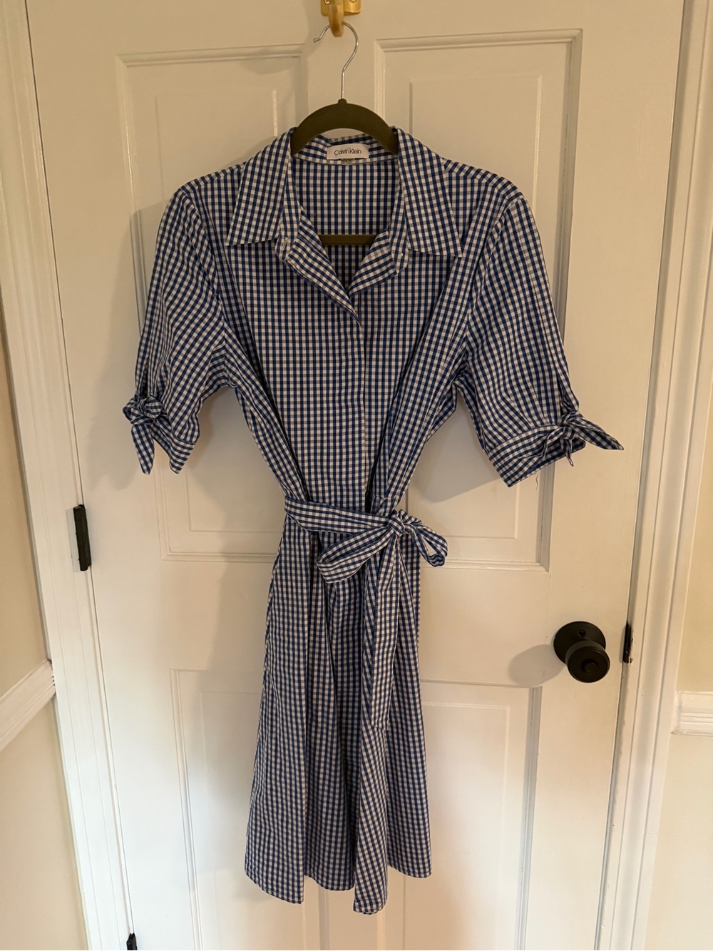 Calvin Klein Blue Gingham Tie-Waist Midi Dress